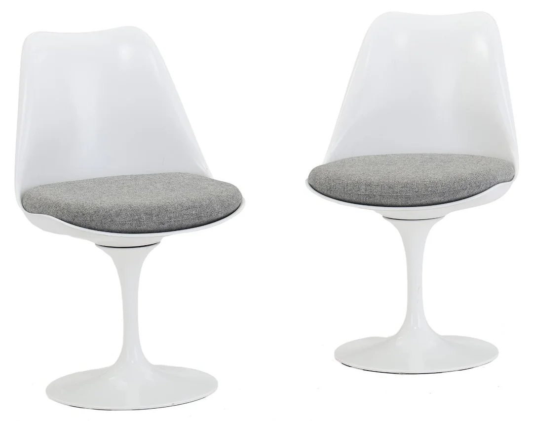 Pair of chairs with white metal base and white plastic shell. Cushions upholstered in grey wool. Designed in 1957. Manufactured and marked by Knoll International. (2) — Modern Furniture — Bruun Rasmussen