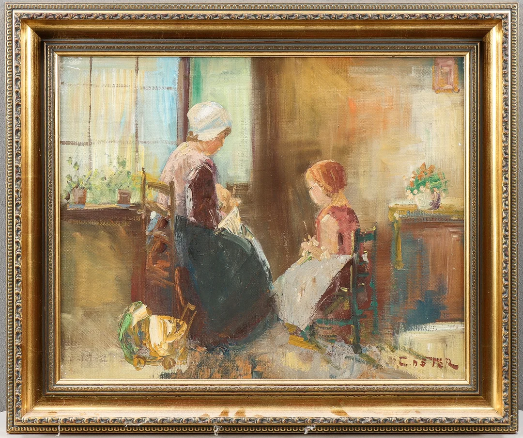 NICOLAI CÖSTER. Interiör med kvinna och flicka. — Paintings — Karlstad Hammarö Auktionsverk