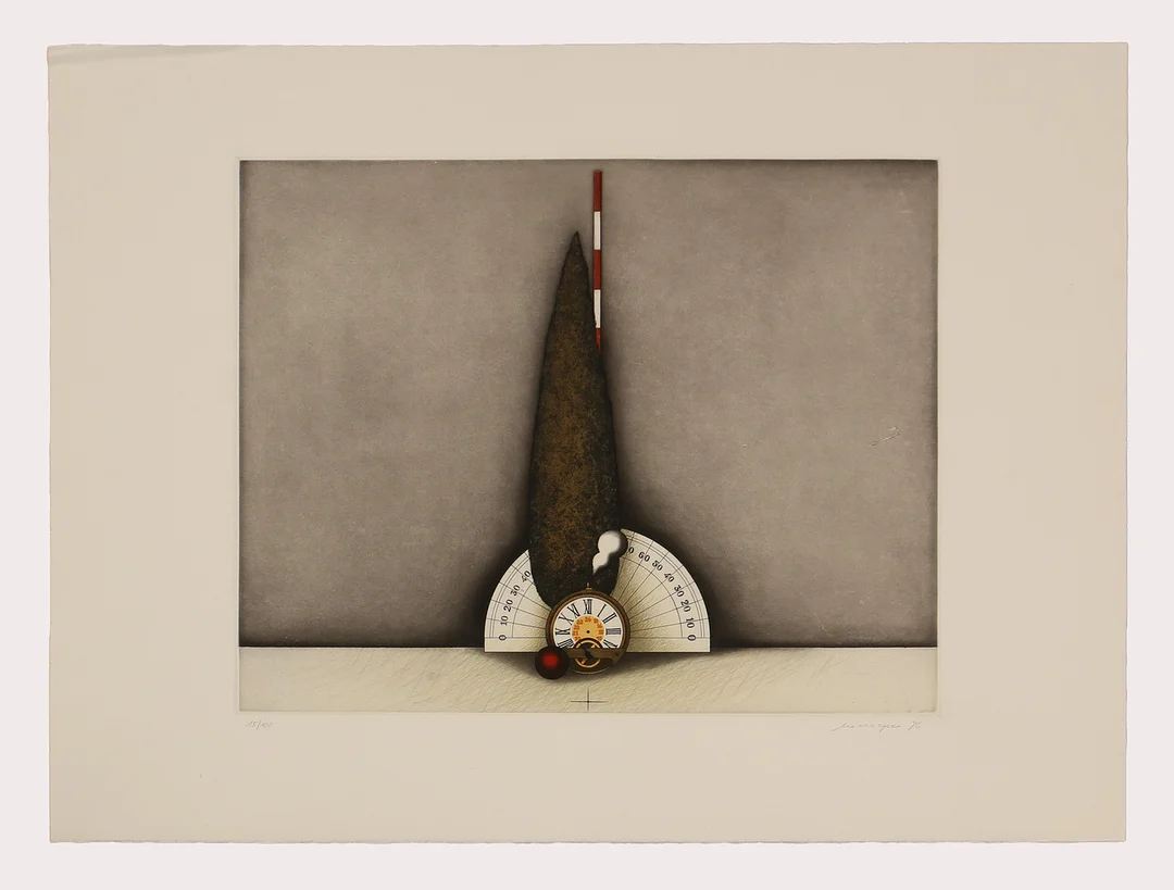 FRIEDRICH MECKSEPER. Färgetsning, komposition med fickur, numrerad 36/100 signerad, daterad 1976. — Engravings & Prints — Limhamns Auktionsbyrå