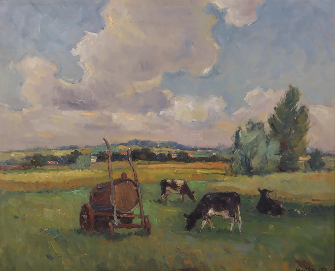 GUSTAV BERLIN. olja på pannå, Landskap med kor, Mossen, Södra Sandby. — Paintings — Markus Auktioner