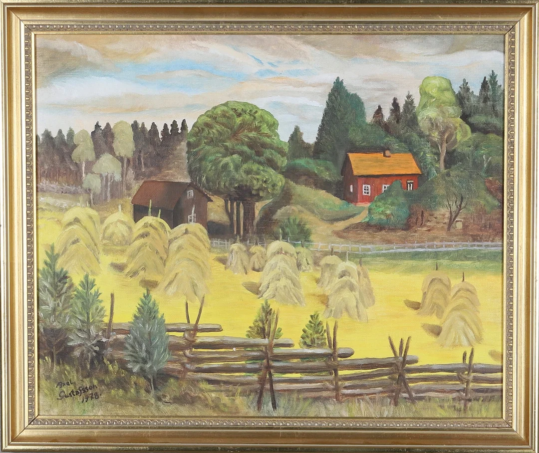 AXEL GUSTAFSSON. Olja på pannå, gårdslandskap, signerad och daterad 1978. — Paintings — Gomér & Andersson Norrköping