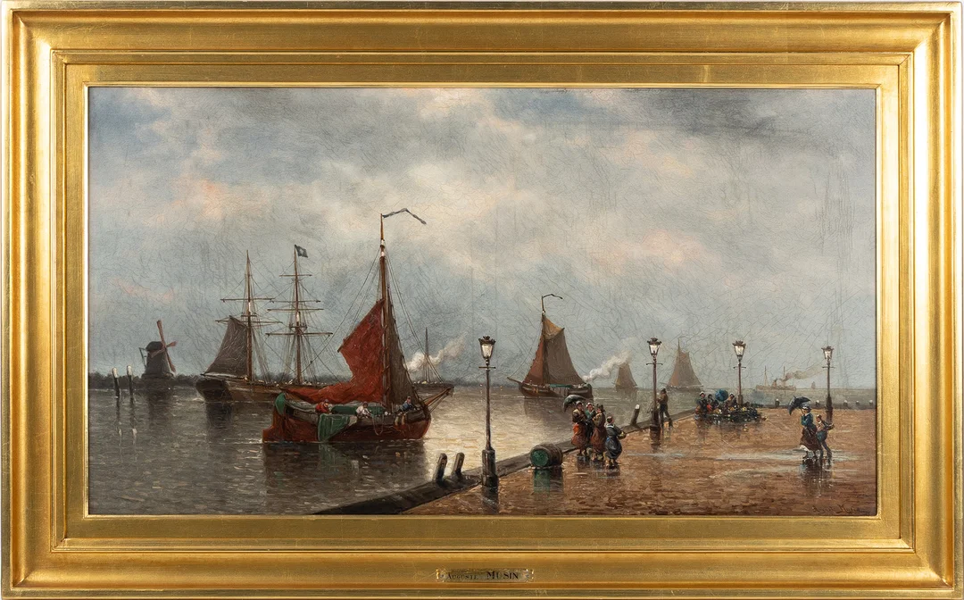 AUGUSTE HENRI MUSIN (BELGIEN, 1852-1923). "Journée Pluvieuse - Quai de Dordrecht", olja på duk. — Paintings — Stockholms Auktionsverk Helsingborg