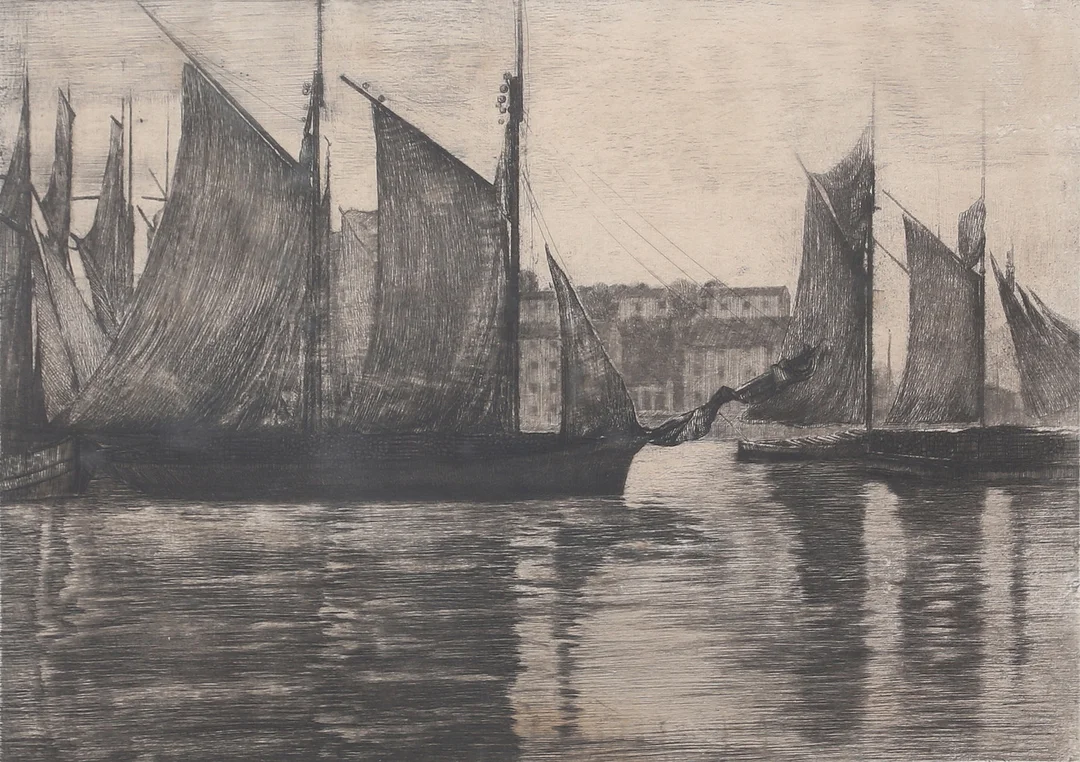 JAN HATVANI. "Skutor i hamn". Etsning, signerad. — Engravings & Prints — Auktionshuset Thelin & Johansson