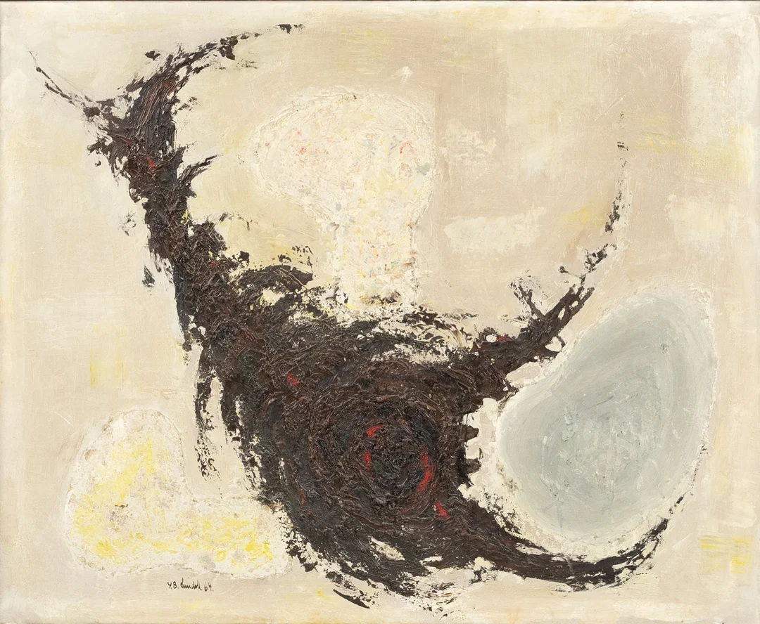OIDENTIFIERAD KONSTNÄR. Olja på duk, komposition i grått och brunt, signerad "Y.B. Lundahl", daterad -64. — Paintings — Karljohan Auktioner