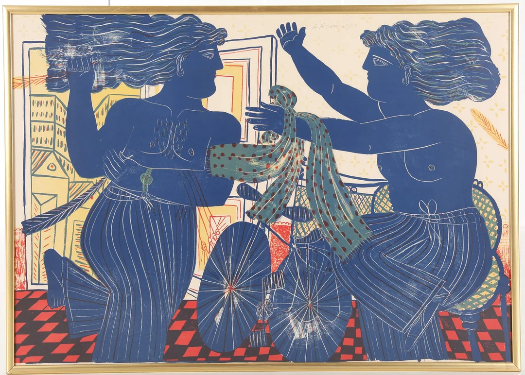 ALEXANDRE FASSIANOS. 1935-2022. Färglitografi, "Dansande par", signerad och numrerad 18/250. — Engravings & Prints — Auktionsverket Engelholm