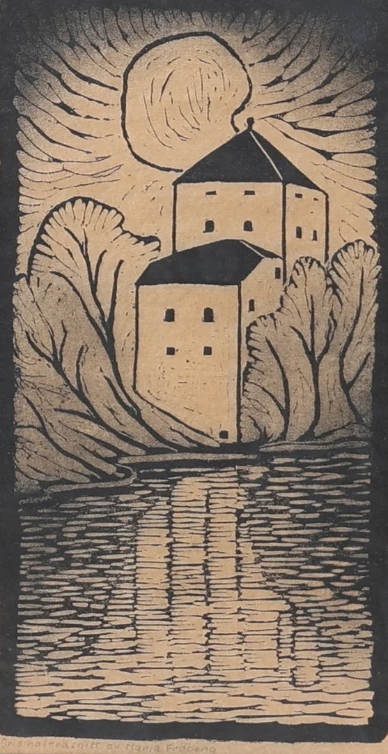 MARIA FRÖBERG (Västerås 1886-1962 Eskilstuna) Nyköpingshus, träsnitt, signerad. — Engravings & Prints — Gomér & Andersson Nyköping