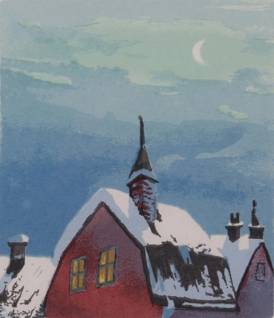 MARIA BOCZEWSKA. litografi, snöiga tak. — Engravings & Prints — Markus Auktioner