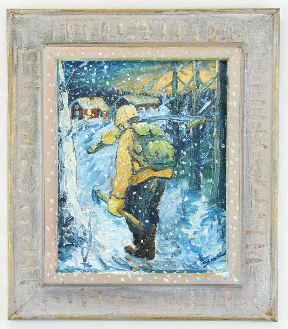 HÅKAN STAHRE. Olja på duk, "De har börjat snöa - jag går hem", signerad. — Paintings — Hälsinglands Auktionsverk