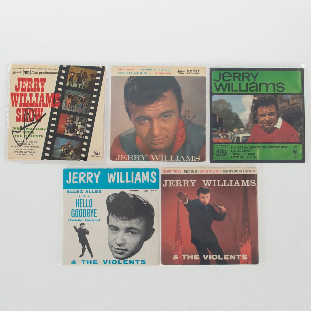 JERRY WILLIAMS. Singlar 7", 5 stycken, delvis signerade. — Audio, Vinyl & Hi-Fi — Laholms Auktionskammare
