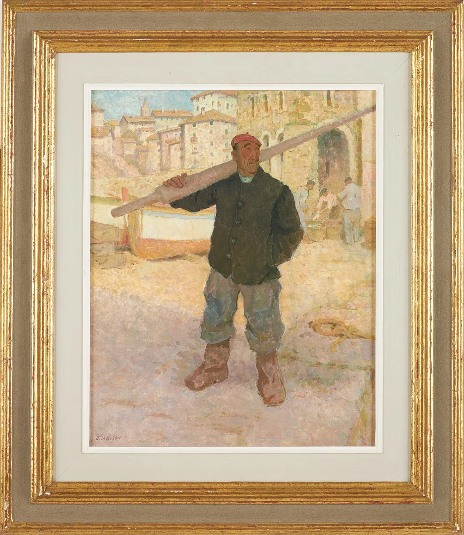 BERNHARD OSCARSSON. Hamnarbetare, olja på pannå, signerad. — Paintings — Stockholms Auktionsverk Sickla