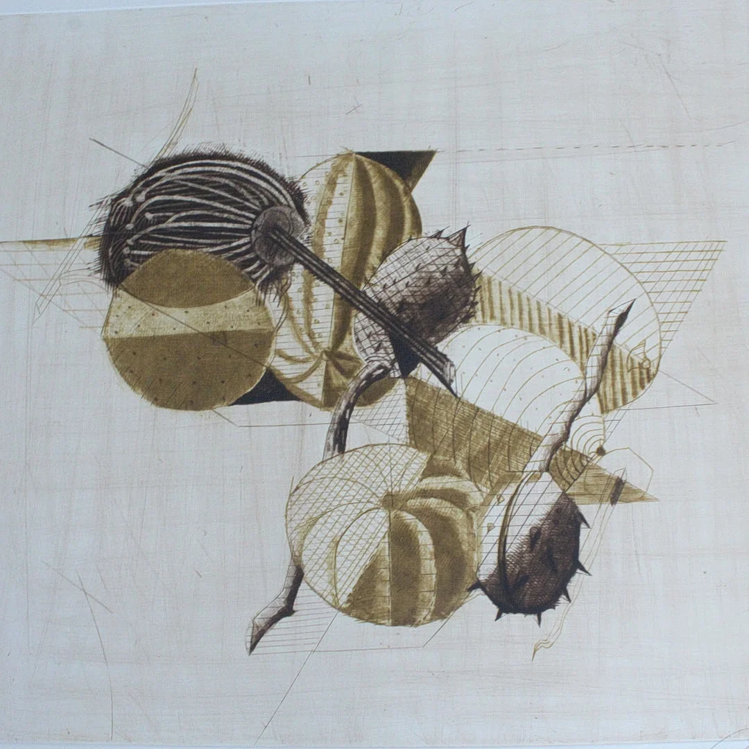 BRIGITTE COUDRAIN (1934). Farbradierung, '' Geometrische Stillleben '' signiert, limitiert, 65/80. — Engravings & Prints — Stockholms Auktionsverk Düsseldorf/Neuss