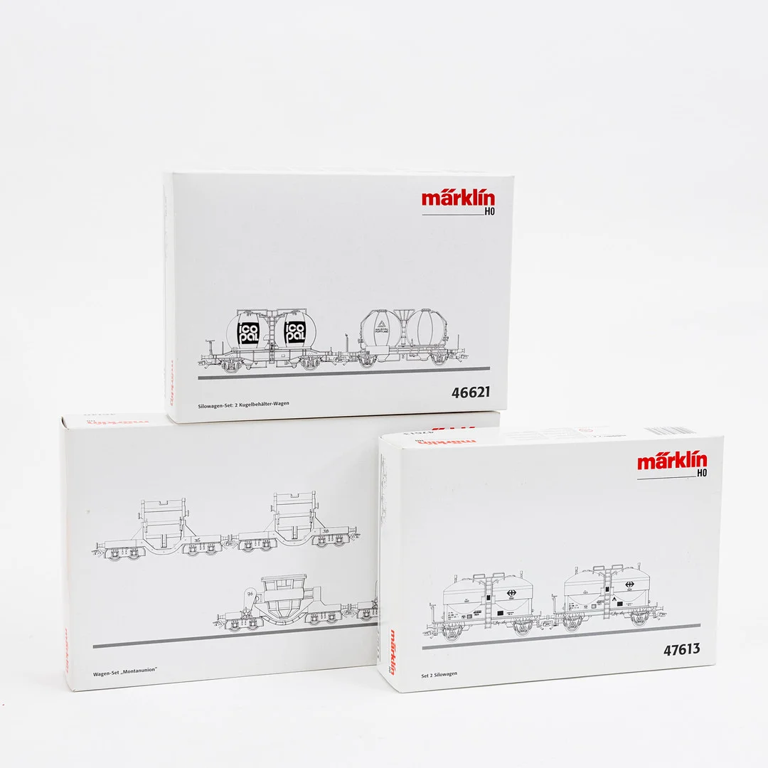 MÄRKLIN 3 satser med vagnar, 46140, 46621 och 47613, totalt 8 vagnar, originalförpackade. — Model railways — Auktionshuset Kolonn