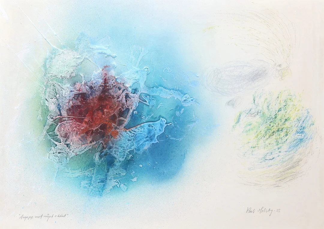 PAUL HOLSBY. "Angrepp mot något okänt, blandteknik, signerad Paul Holsby 85. — Paintings — Gomér & Andersson Jönköping
