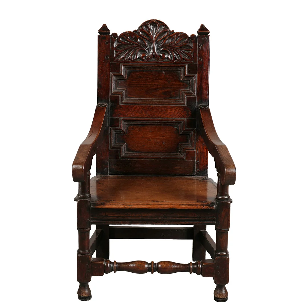 A FINE LATE 17TH CENTURY CARVED OAK JOINED OPEN CHILD'S ARMCHAIR, LANCASHIRE. — Armchairs & Chairs — Bishop & Miller