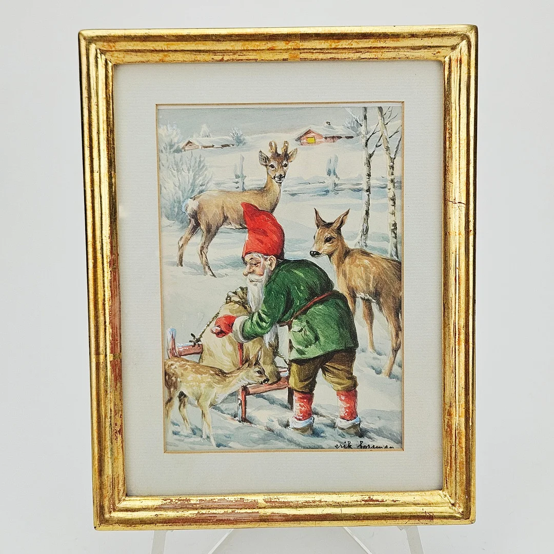 ERIK FORSMAN. Tomte och rådjur. Akvarell och täckvitt, signerad Erik Forsman. — Paintings — Auktionshuset Thörner & Ek