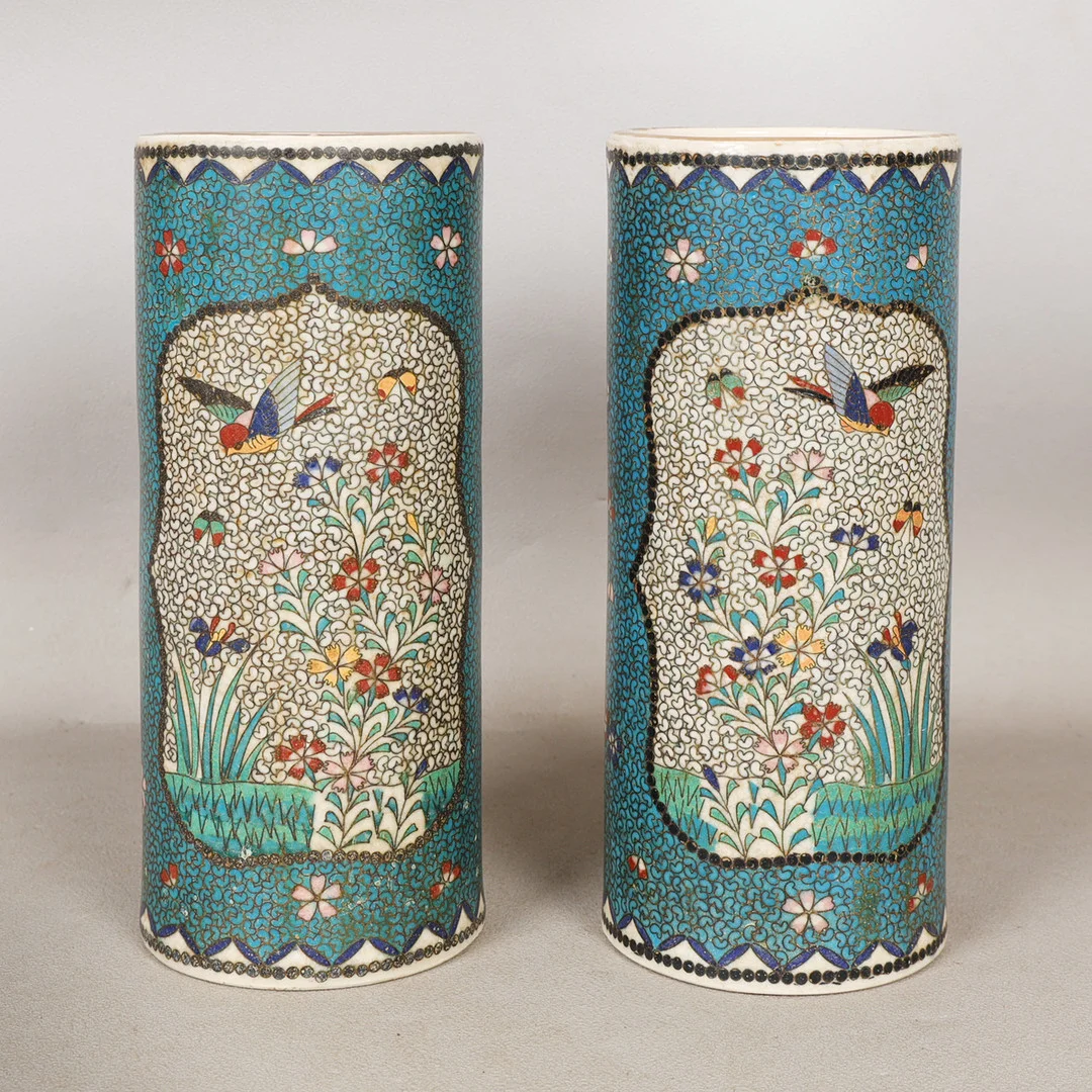 A PAIR OF JAPANESE CLOISONNE EFFECT BRUSH POTS/ VASES (2). — Ceramics & Porcelain — Bishop & Miller
