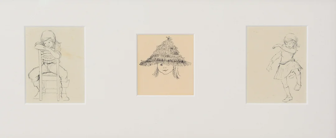 ILON WIKLAND. Originalillustrationer till "Mia-Pia" av Brita af Geijerstam (utgiven 1958, Bonniers), 3 st, tusch med täckvitt. — Drawings — Formstad Auktioner