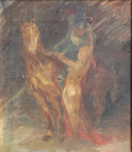 JENS ADOLF JERICHAU (F. ROSKILDE 1890, D. PARIS 1916). TILSKREVET. Olie på lærred, motiv af kvinde og hest. Usigneret. — Paintings — Woxholt Auktionshus