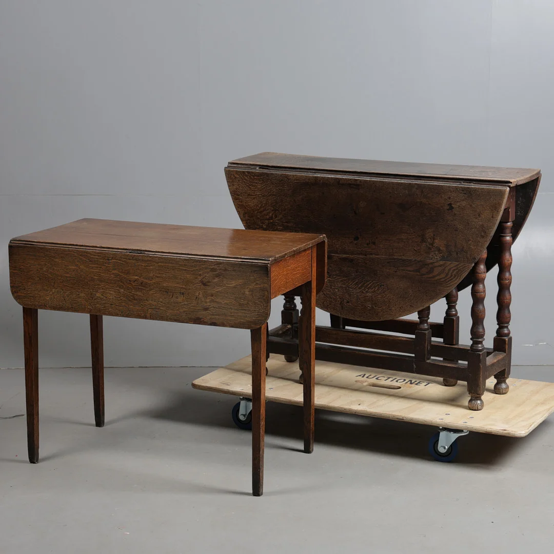 A GEORGE III OAK WITH DROP-LEAF TABLE AND A 19TH CENTURY OAK PEMBROKE TABLE (2). — Dining tables — Bishop & Miller