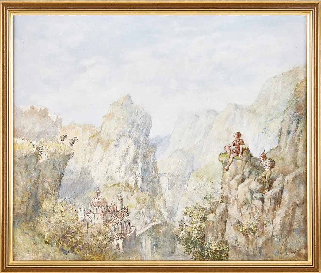 ROBERT HÖGFELDT. Alplandskap med figurer, olja på pannå, signerad. — Paintings — Stockholms Auktionsverk Magasin 5