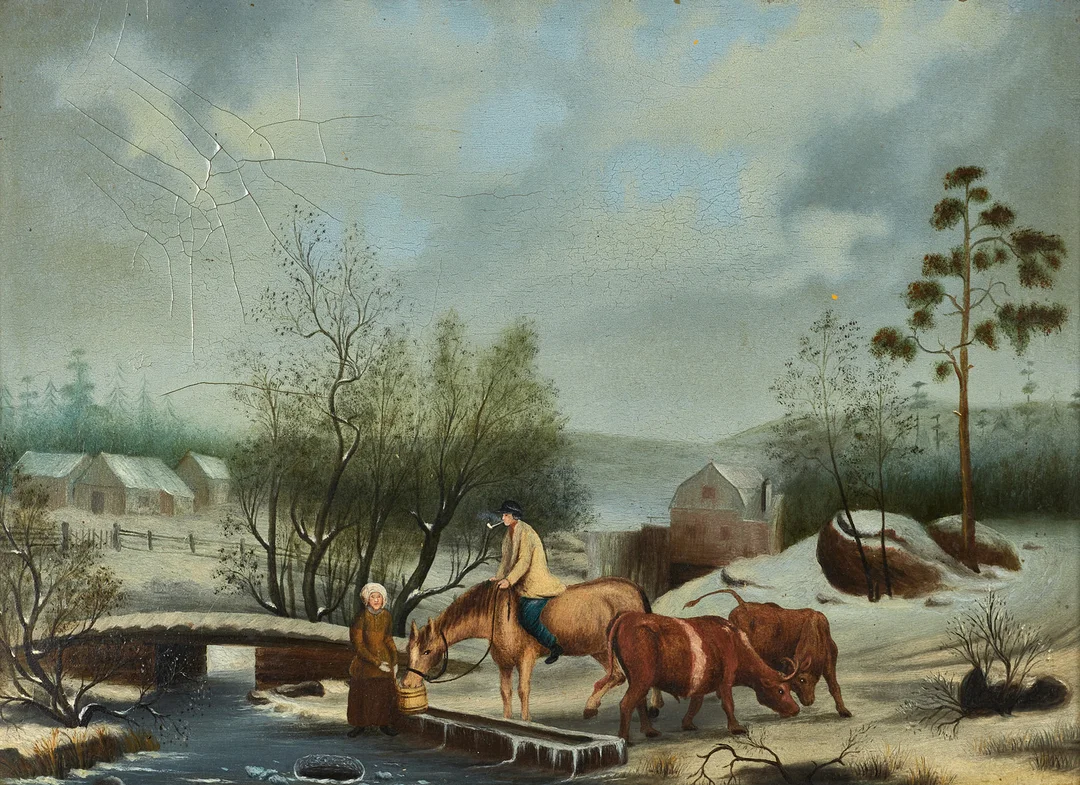 OIDENTIFIERAD KONSTNÄR, 2 st, naiva landskap med folk, båtar och djur, olja på pannå resp. plåt. — Paintings — Crafoord Auktioner Stockholm