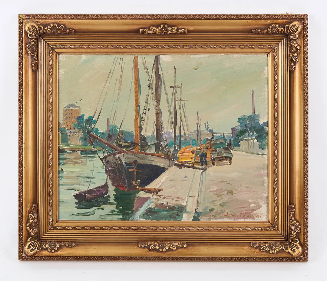 ARMAS MIKOLA. Hamnvy, signerad samt daterad -52, olja på duk. — Paintings — Stockholms Auktionsverk Helsinki