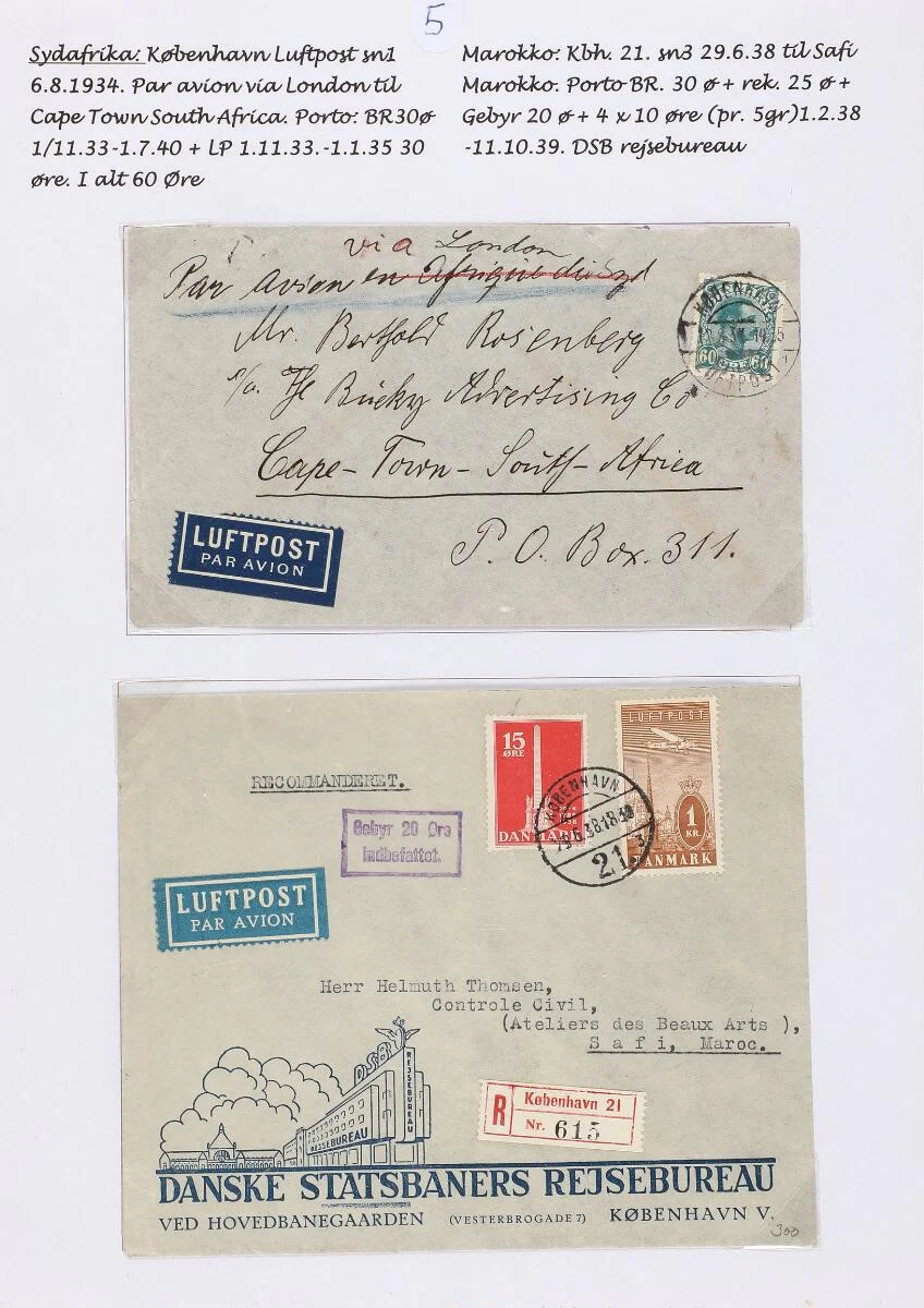 1934–1938. Exhibition page with 2 interesting airmail covers sent to South Africa and Morocco — Stamps, Covers & Postal History/Denmark/Stålstik — Bruun Rasmussen