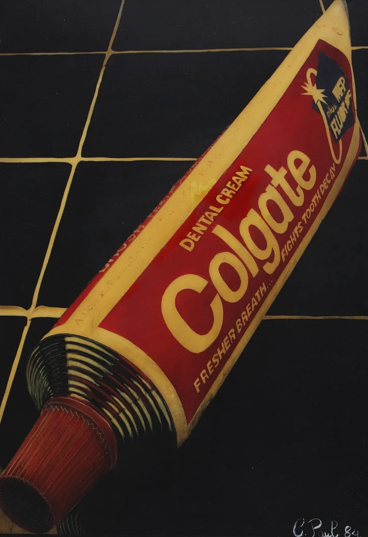 OIDENTIFIERAD KONSTNÄR. Colgate-tub, airbrush, signerad C Paul, daterad -84. — Paintings — Växjö Auktionskammare