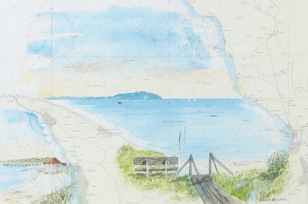 ELISABETH GRÖNVALL. "Kullen på sjökort, Klitterhus", blandteknik, signerad 2007. — Paintings — Helsingborgs Auktionskammare