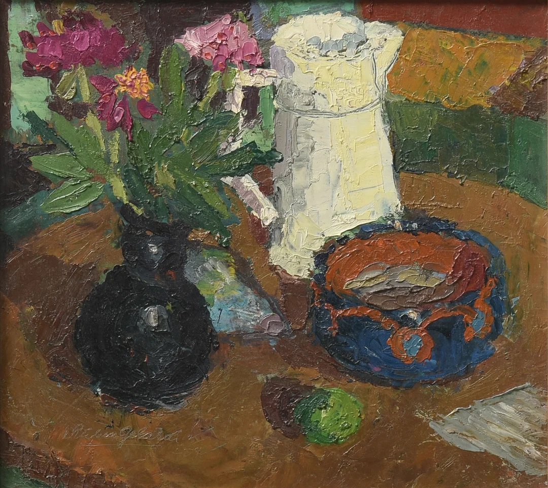 RUBEN GELARDI. (1938-2012) Olie på plade. Stilleben. Signeret og dateret, 1954 Danmark. — Paintings — Sørensen Auktioner