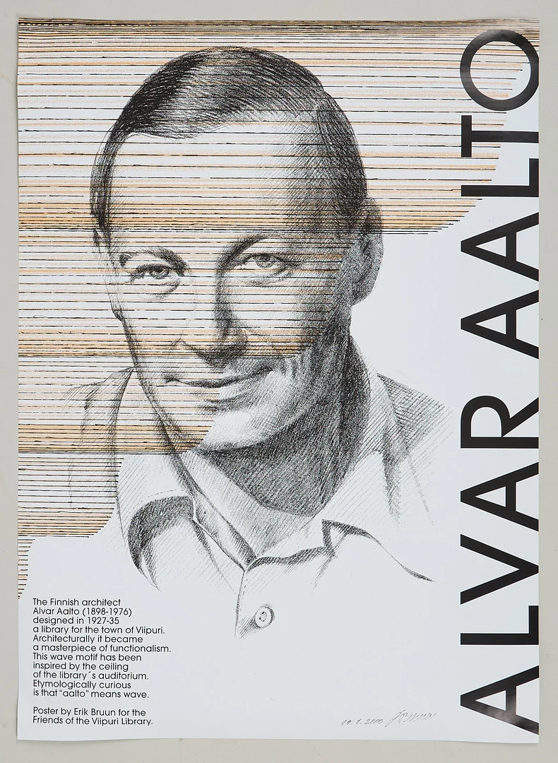 ERIK BRUUN (1926. POSTER, Alvar Aalto, för Viborgs Biblioteks Vänner, signerad samt daterad 19.1 2000. — Engravings & Prints — Stockholms Auktionsverk Helsinki