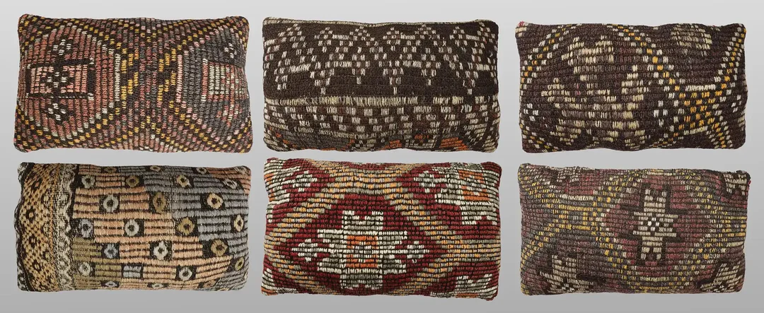 ORIENTMATTA. Parti kuddfodral 6st, anatoliska Kelim fragment, 50 x 30 cm. — Oriental Carpets & Textiles — Gomér & Andersson Norrköping
