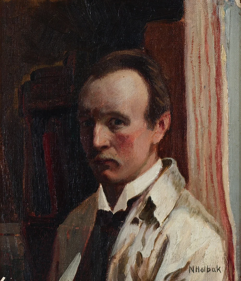 NIELS HOLBAK (1884-1954). Selvportræt, olie på plade, signeret. — Paintings — Palsgaard Kunstauktioner