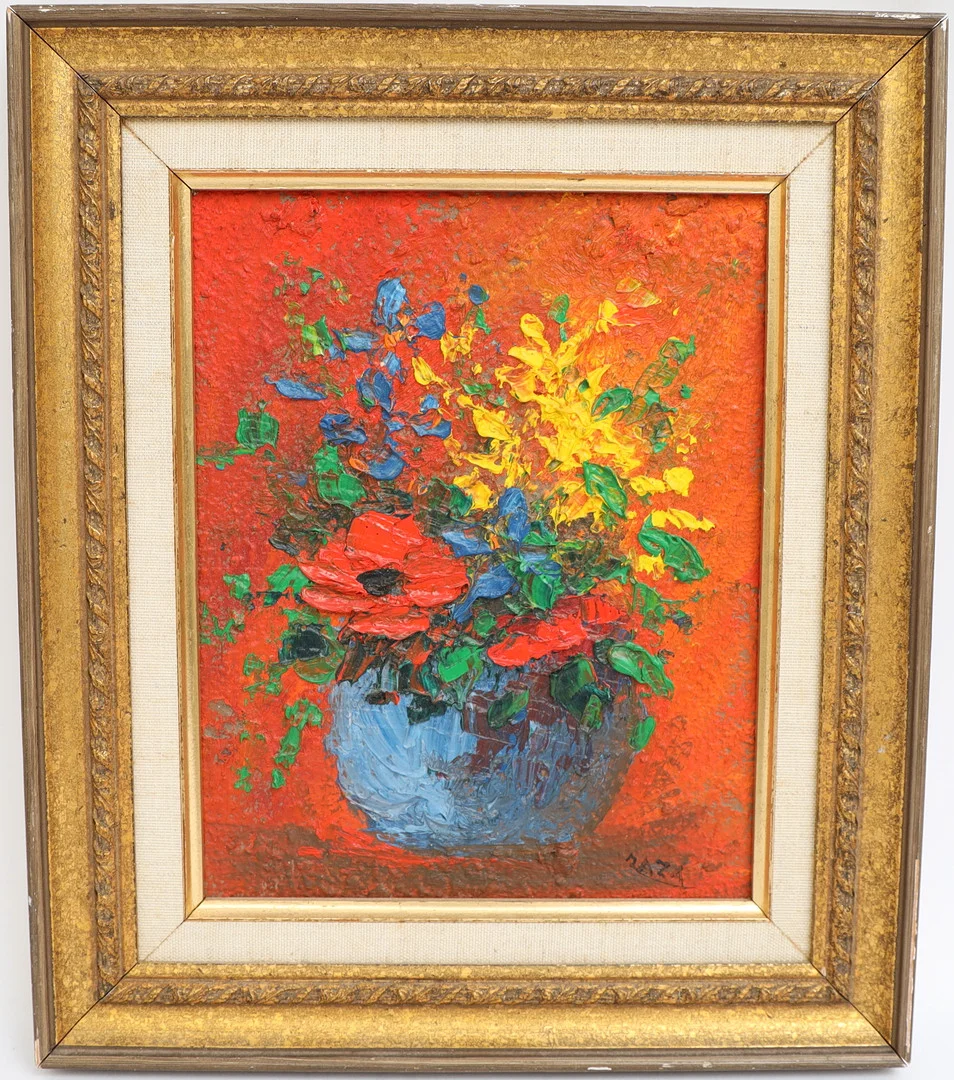 ZAZA MEULI. Motiv med blomster, oljemålning på träskiva, signerad. — Paintings — Falun Auktionsbyrå