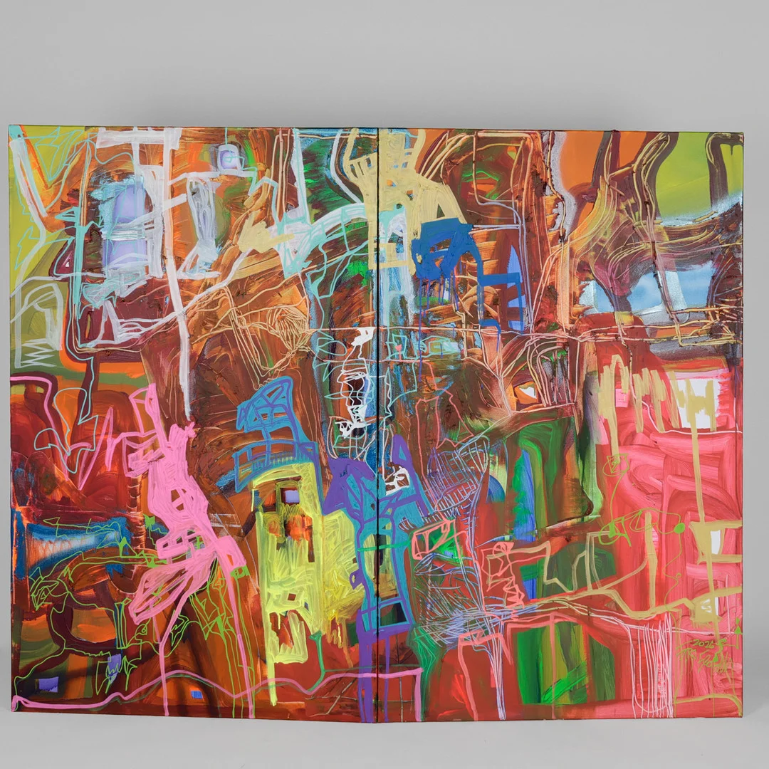 LARS ELGIDH (F.1973). Komposition ' Vi var engang så tæt ' Akryl på lærred. To-delt værk. 2026. Danmark. — Paintings — Palsgaard Kunstauktioner