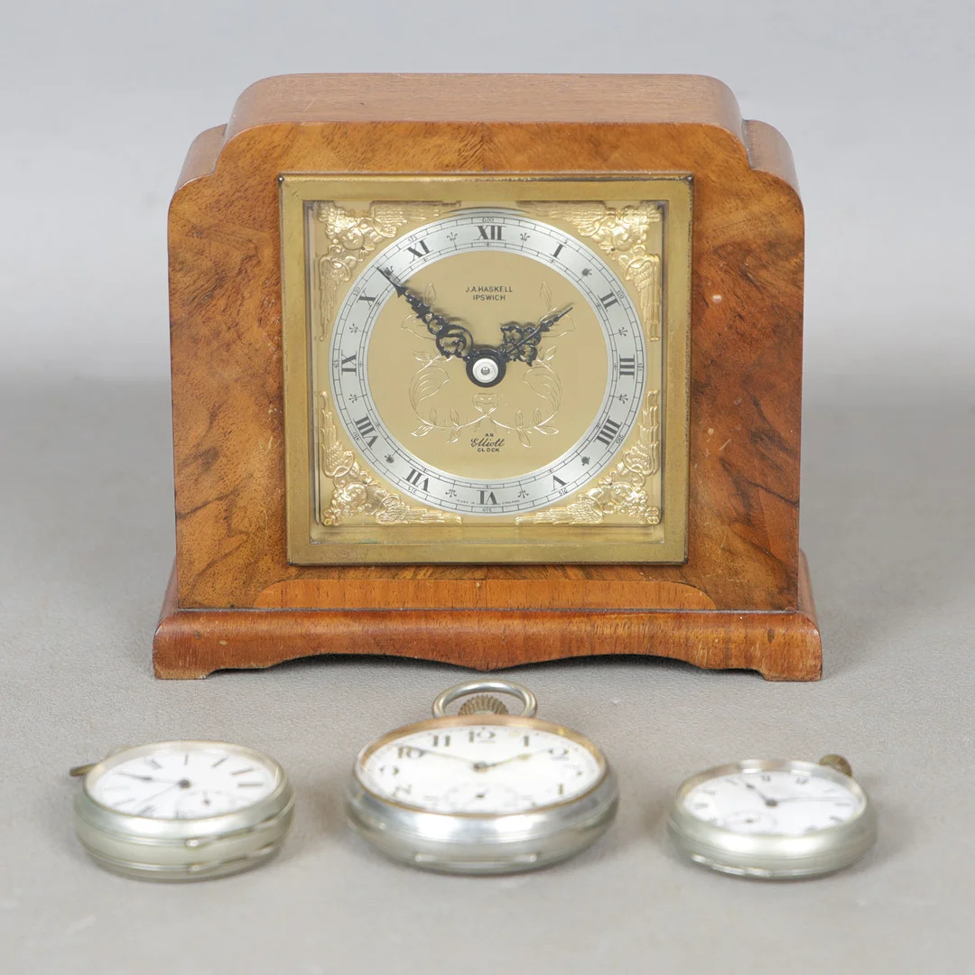 THREE OPEN FACE POCKET WATCHES AND A HASKELL OF IPSWICH MANTEL CLOCK (4). — Pocket & Stop Watches — Bishop & Miller