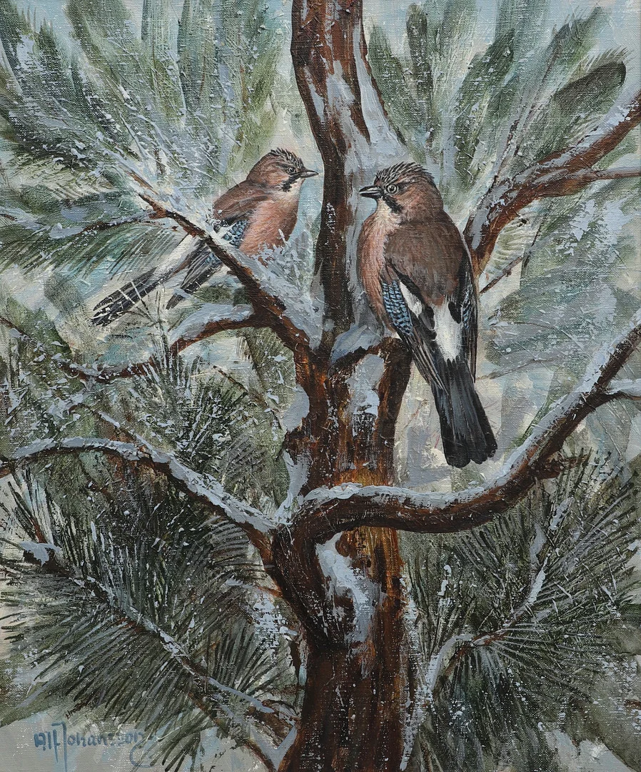 ALF JOHANSSON. Olja på duk, "Nötskrikor", signerad. — Paintings — Ekenbergs Auktioner