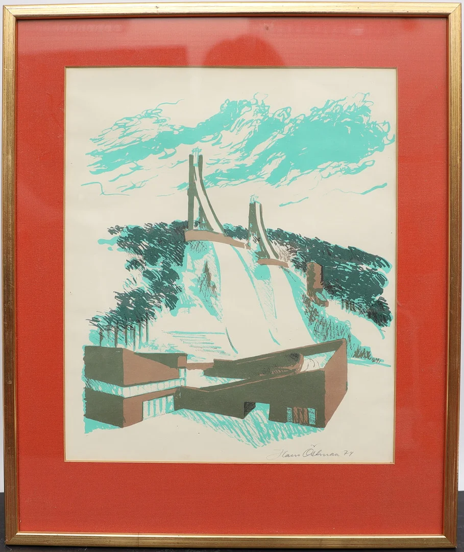 HANS ÖSTMAN. Hoppbackarna Falun, färgitografi, signerad och daterad 74. — Engravings & Prints — Falun Auktionsbyrå