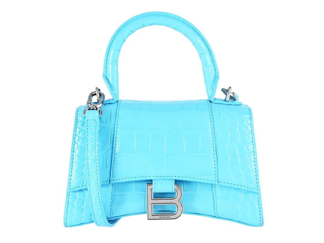 BALENCIAGA, VÄSKA, Hourglass Small, blått präglat kalvskinn, mörka silverfärgade beslag, 20x14x9 cm, avtagbar axelrem, dustbag. Excellent Condition. — Accessoarer/Väskor — Kaplans