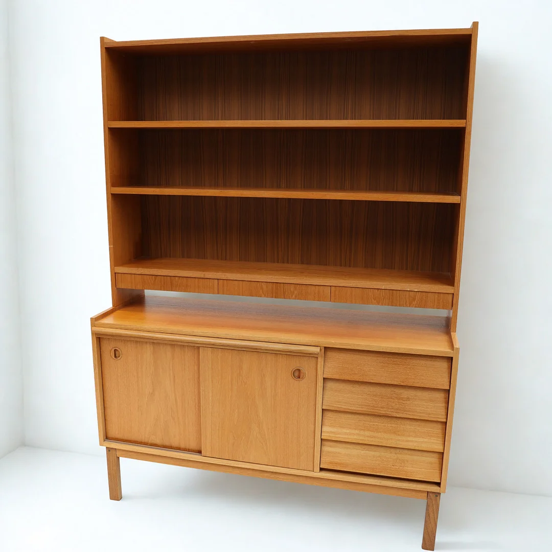 BOKHYLLA, 1950-1960-tal, teak, 2 delad, nertill med utdragbar skrivskiva, 4 lådor samt 2 skjutdörrar. Upptill med öppna hyllor och 3 lådor. — Cupboards, Cabinets & Shelves — Falun Auktionsbyrå
