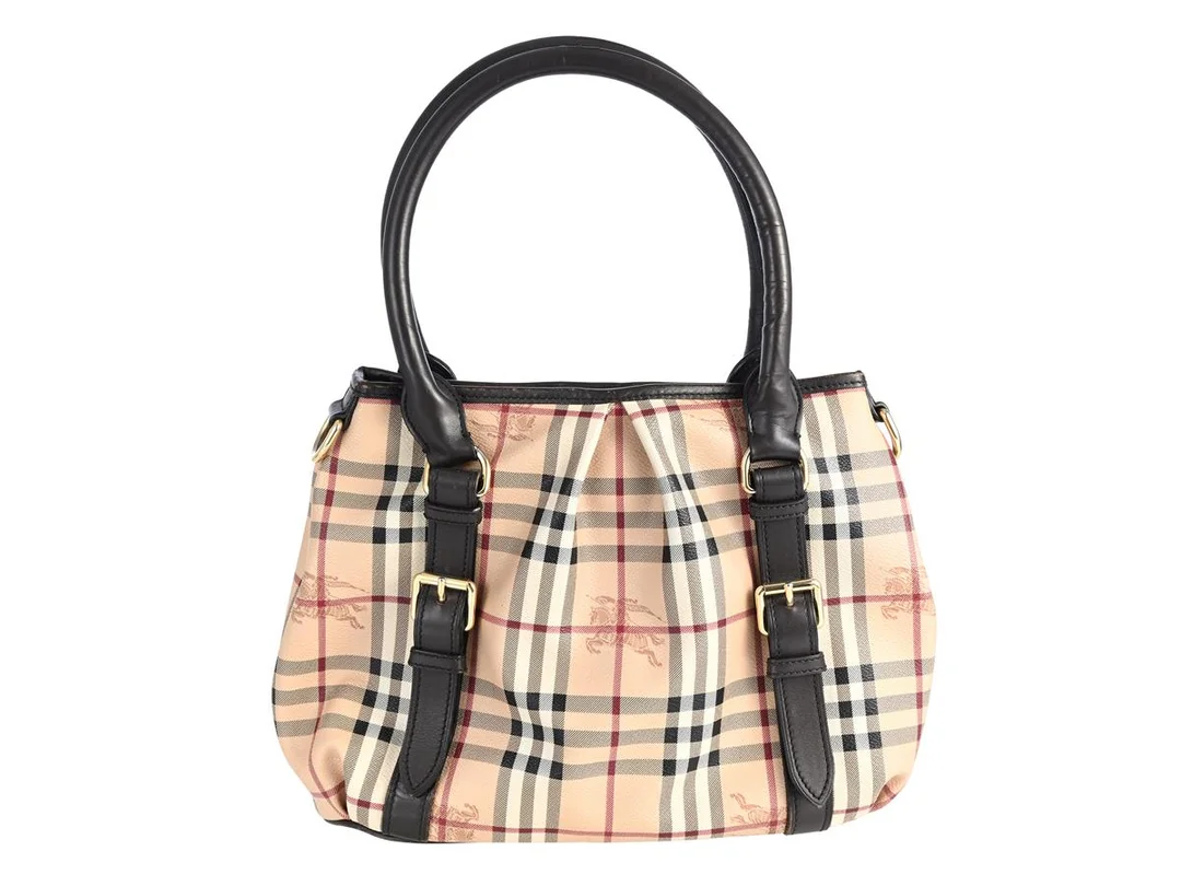 VÄSKA, BURBERRY, rutig canvas, mörkbrunt läder, guldfärgade beslag, 30x25x11cm, avtagbar axelrem, dustbag, bruksslitage. — Accessoarer/Väskor — Kaplans