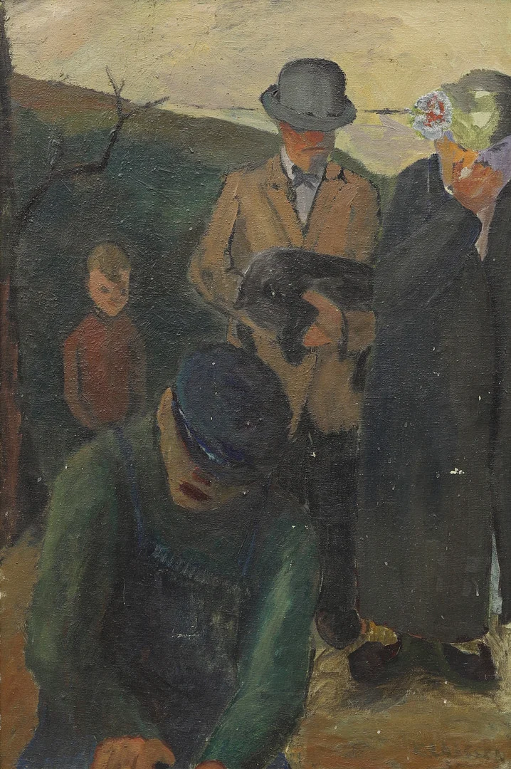 ELVIN LARSSON. Sörjande sällskap, olja på pannå, signerad och daterad -52. — Paintings — Crafoord Auktioner Malmö